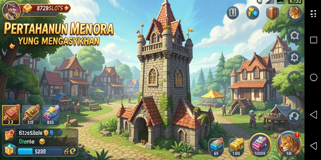 Tangkapan layar gameplay 8728SLOTS yang menunjukkan pertahanan menara yang strategis.