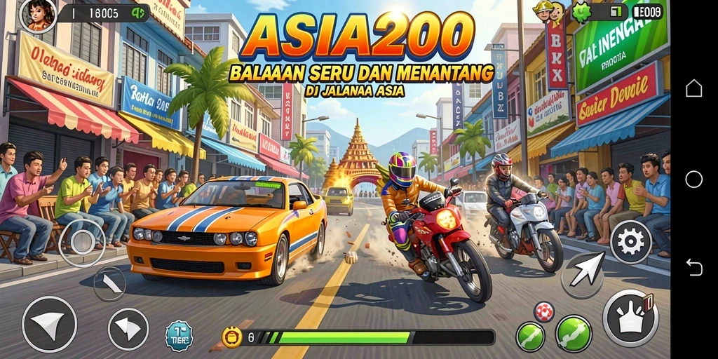 Screenshot gameplay ASIA200 menampilkan aksi balapan yang mendebarkan.