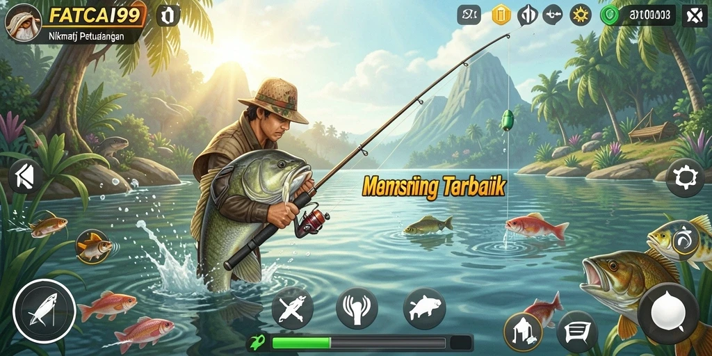 Screenshot gameplay FATCAI99 dengan pemancing yang sukses mengangkat ikan besar.