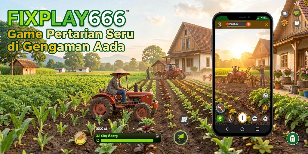 Tampilan gameplay FIXPLAY666 yang menampilkan kebun yang subur dan hewan ternak.