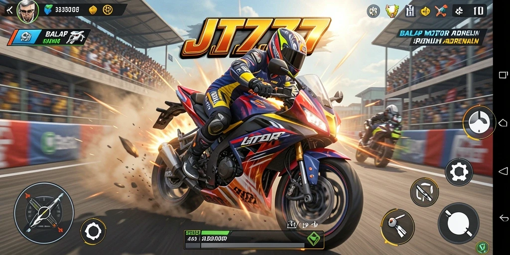 Screenshot JT777 menampilkan aksi balap motor yang mendebarkan.