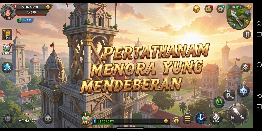 Tangkapan layar gameplay MONAS77 yang menampilkan aksi menara bertahan.
