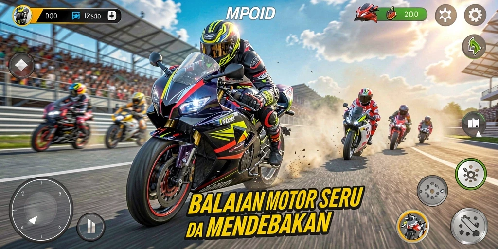 Screenshot MPOID menampilkan serunya balapan motor di trek berdesain menawan.