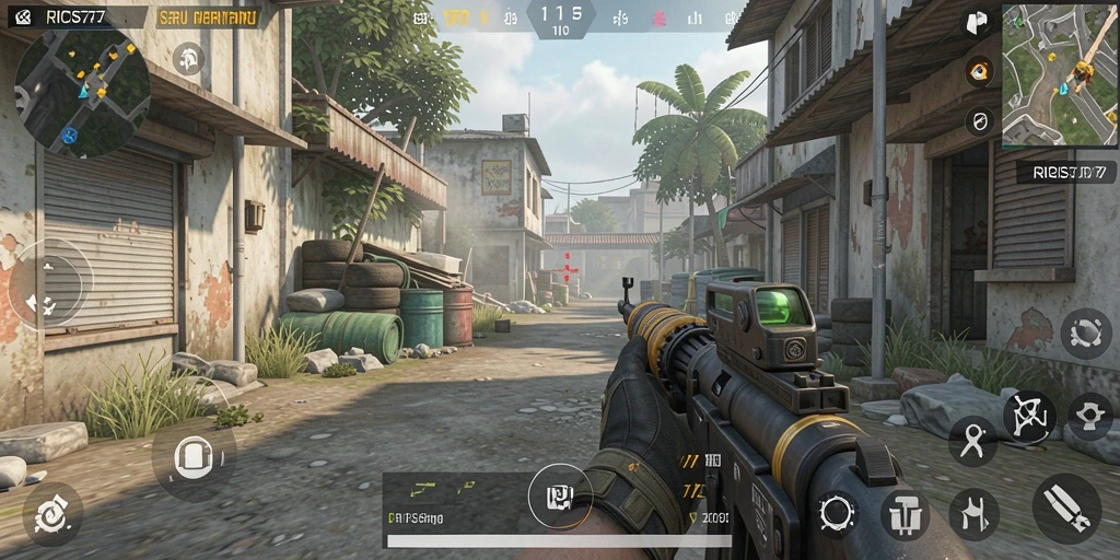 Tangkapan layar gameplay RICIS77 menampilkan aksi tembak-menembak yang menegangkan.