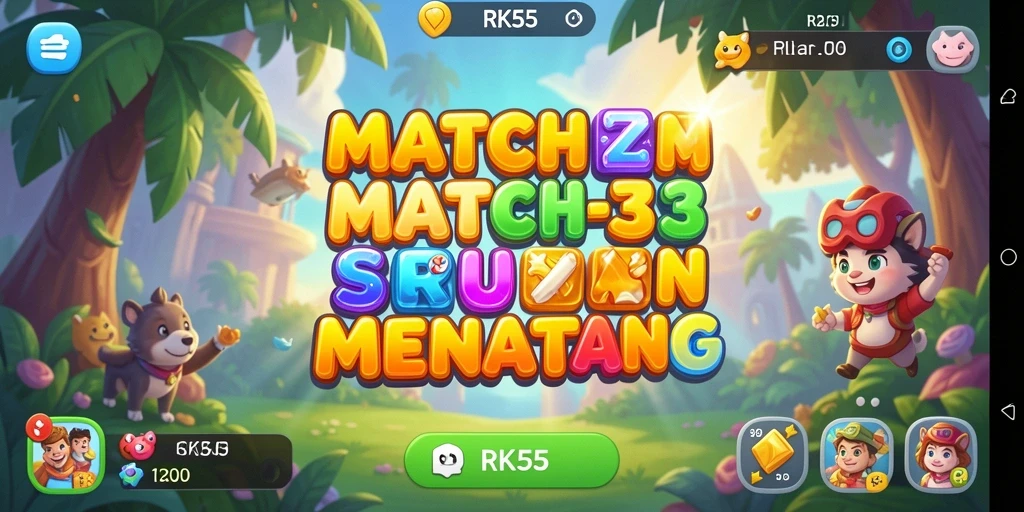 Tampilan screenshot RK55 menunjukkan gameplay Match-3 yang seru dan penuh warna.