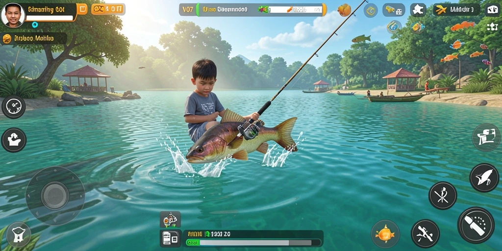 Tampilan gameplay V07 dengan aksi memancing yang seru dan mendebarkan.